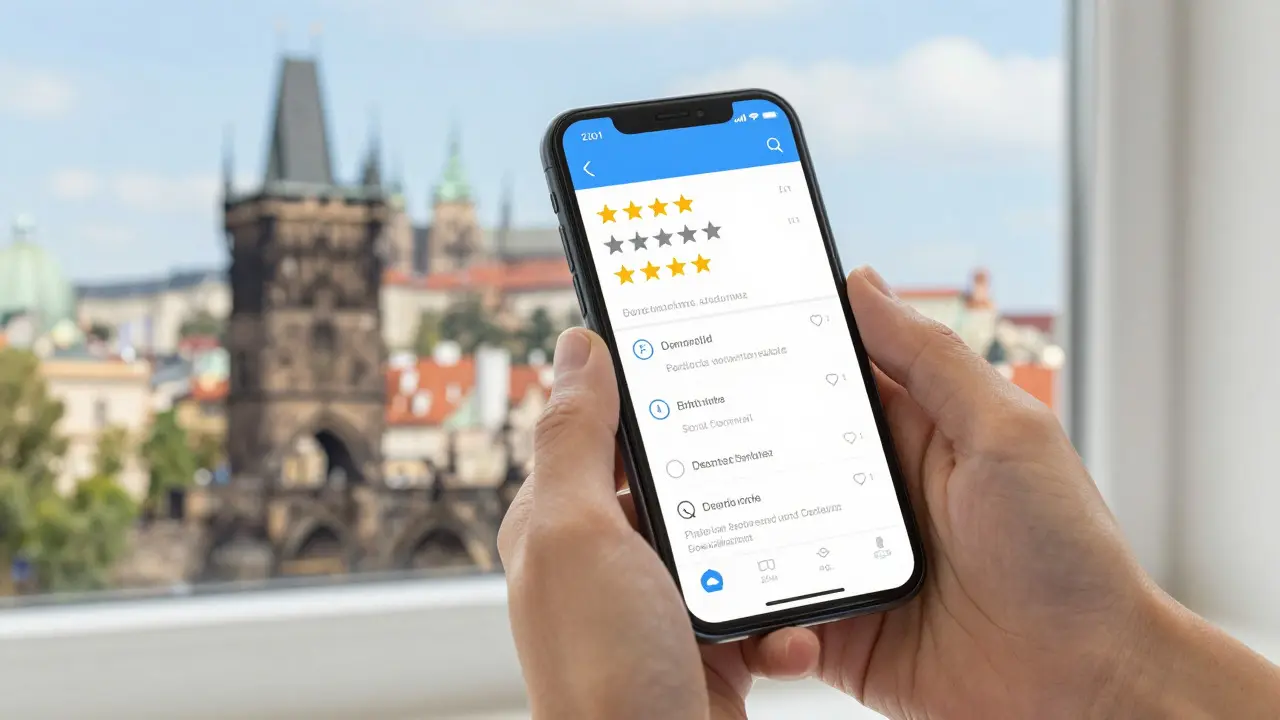 Ruka s telefonem zobrazujícím recenze lékařů na pozadí Prahy