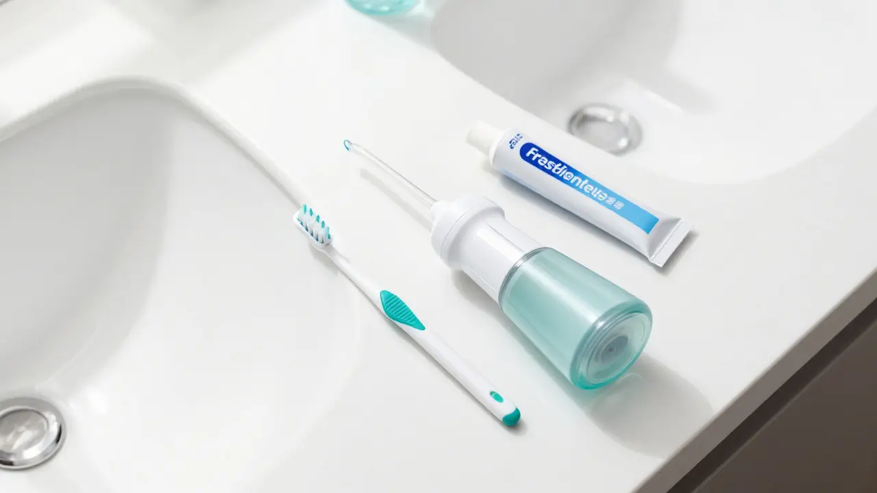 Sada nástrojů pro prevenci zubních problémů včetně mezizubního kartáčku