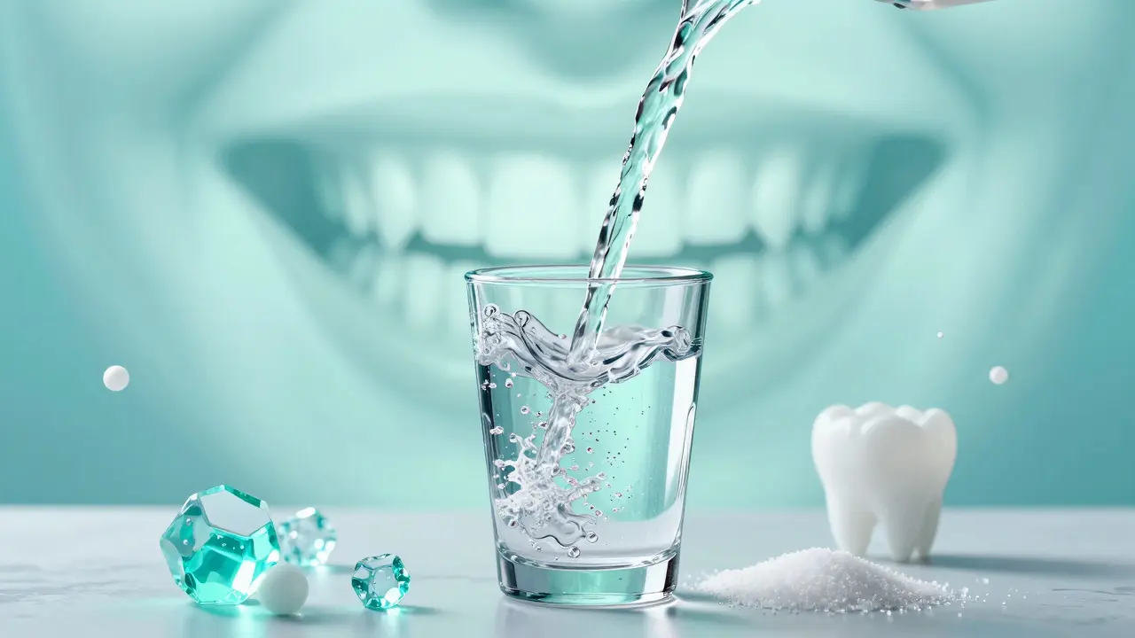 Umělecká ilustrace sklenice vody a minerálů symbolizujících hydrataci a remineralizaci