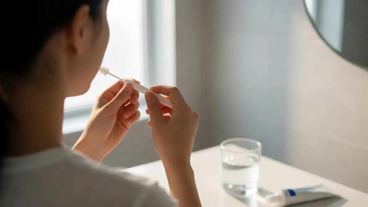 Člověk používá mezizubní nit pro prevenci kamene