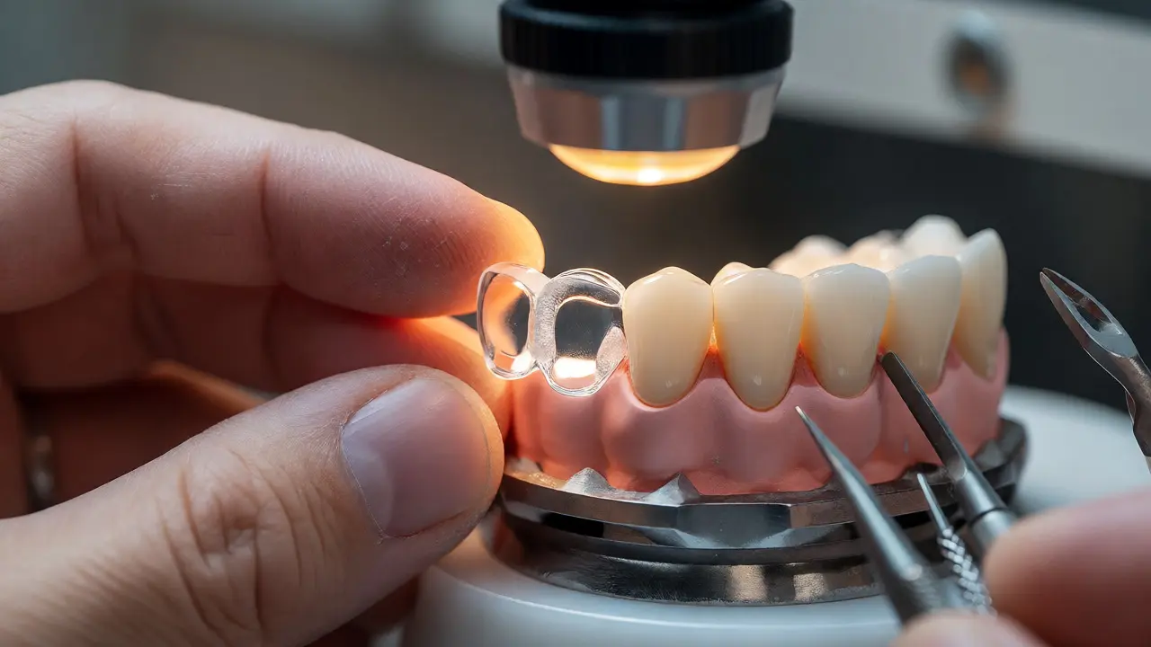 Detailní pohled na keramickou fazetu přikládanou k zubu zubním technikem