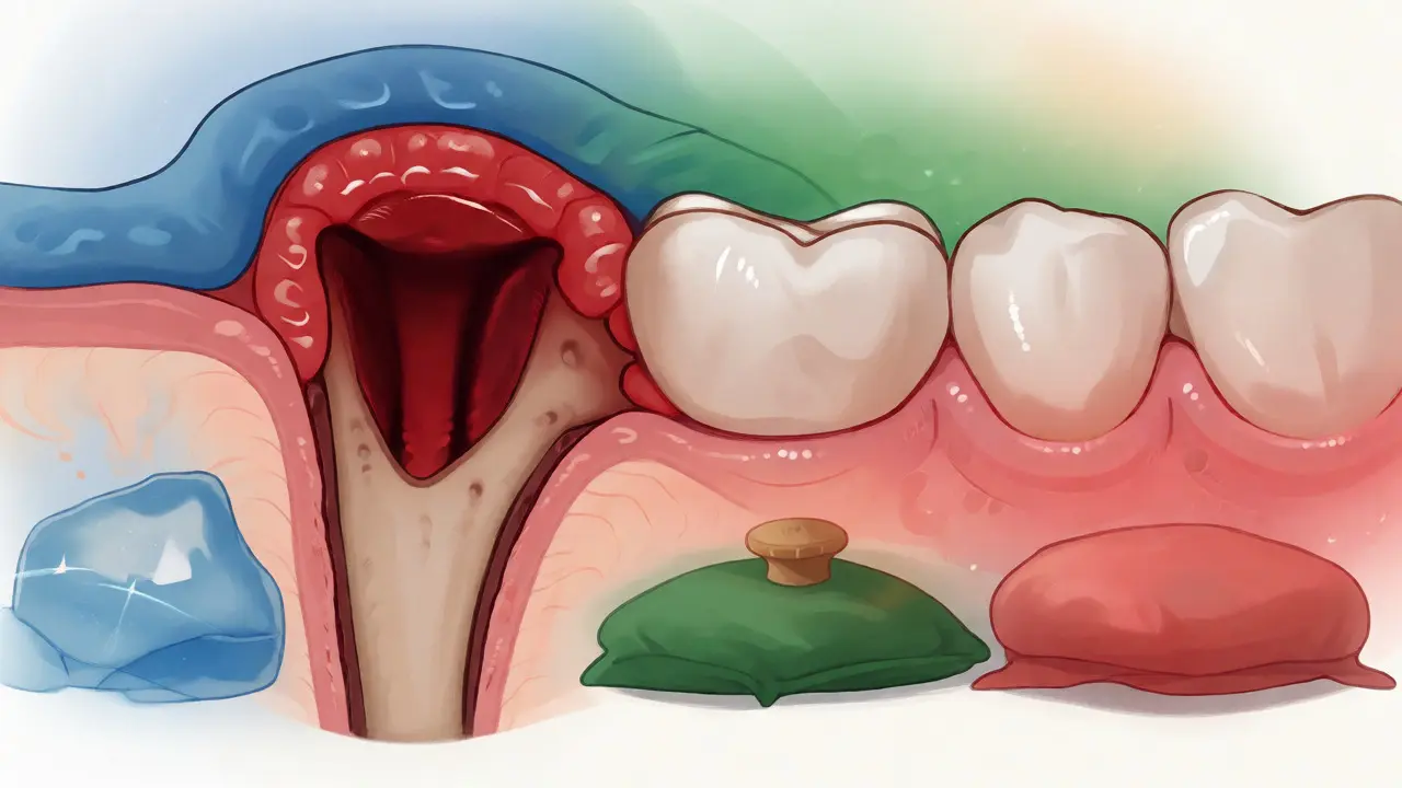 Ilustrace hojení rány po vytržení zubu s přechodem barev dle fází zotavení.