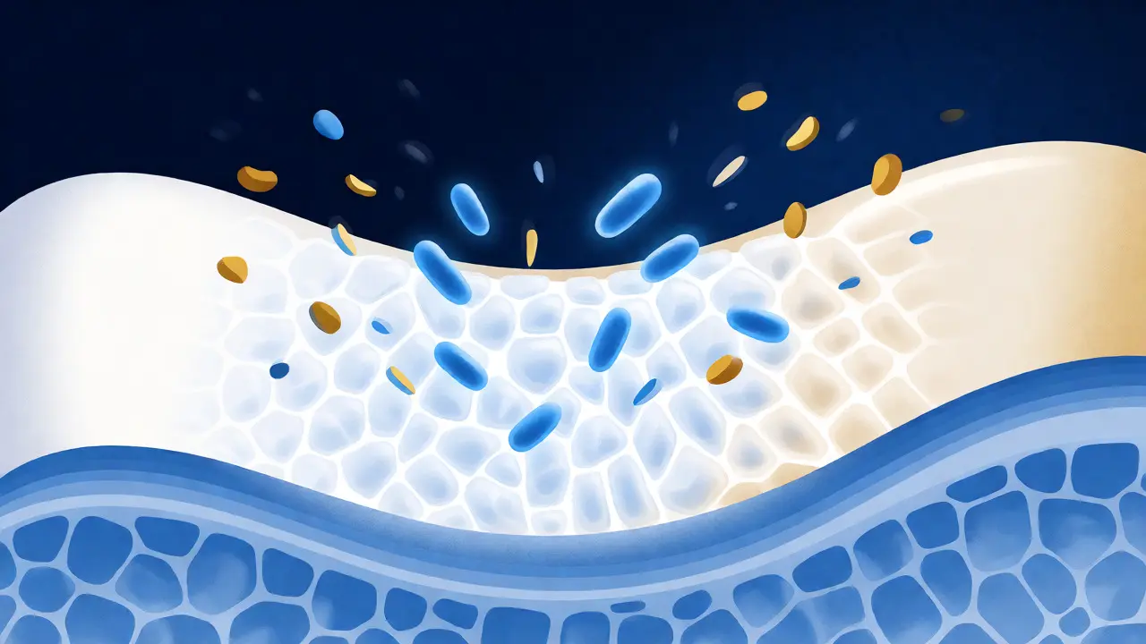 Ilustrace pronikání fluoridu do struktury zubní skloviny pro ochranu.