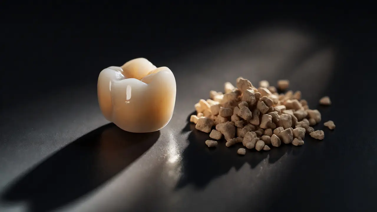 Keramická korunka a materiál pro augmentaci kosti