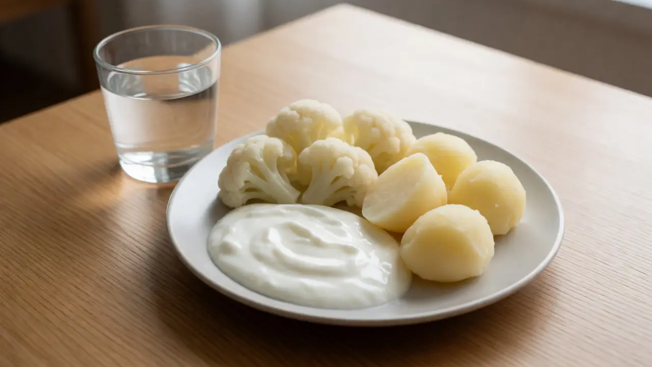 Teller s měkkými světlými potravinami a sklenicí vody po hygieně zubů.