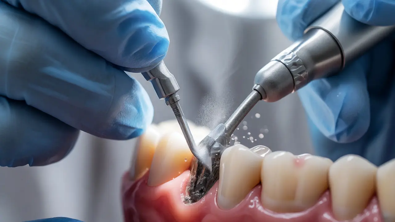 Zubní hygienista používá ultrazvukový přístroj k hloubkovému čištění kořene zubu.