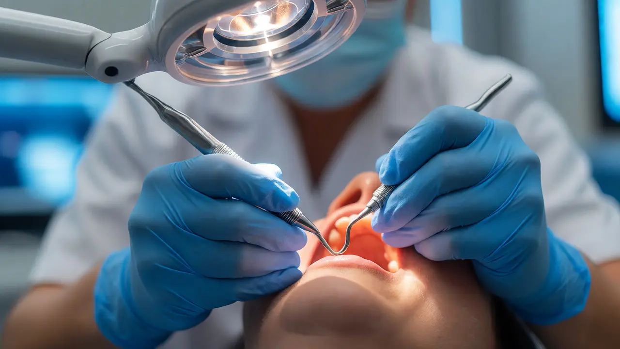 Dentista čistí kořeny zubů kyretou v ordinaci