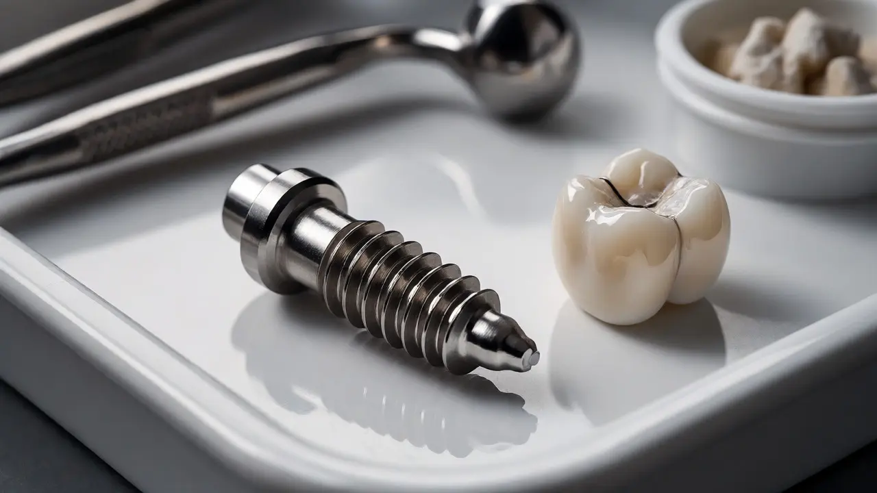 Detail titanového zubního implantátu a keramické korunky na operačním stole