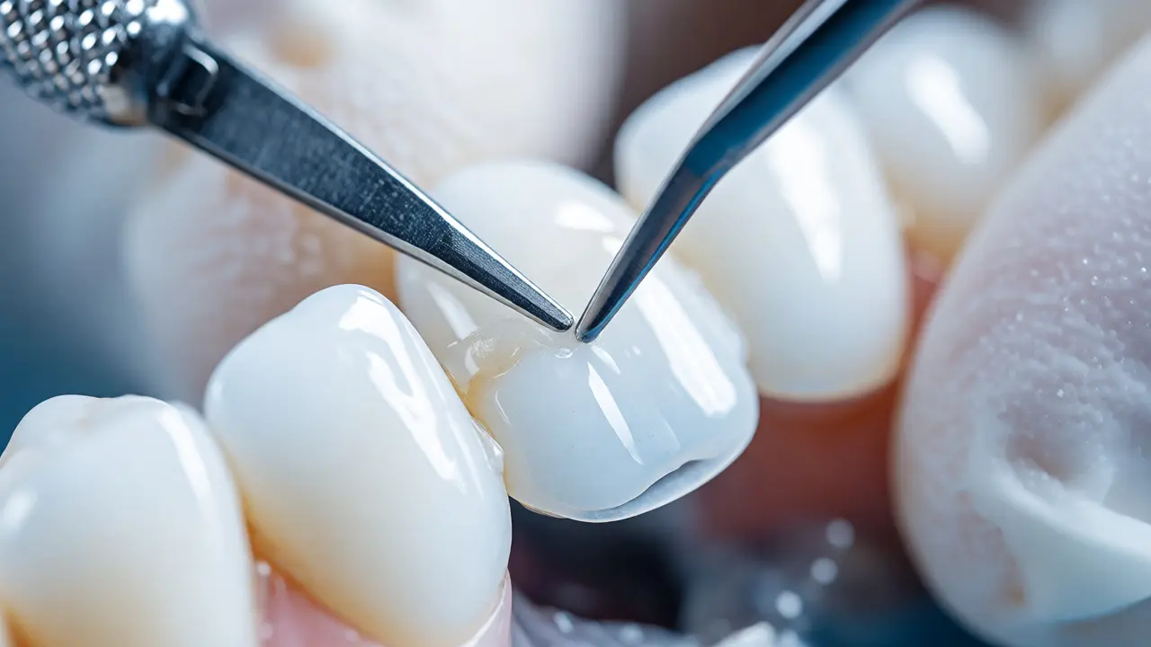Detailní záběr na aplikaci tenké porcelánové facety na zub při ošetření