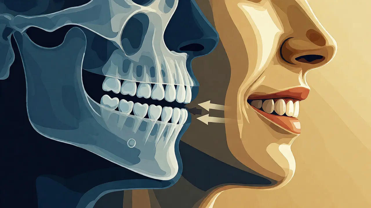 Konceptuální ilustrace korekce předkusu s anatomickým náhledem na čelistní kosti.