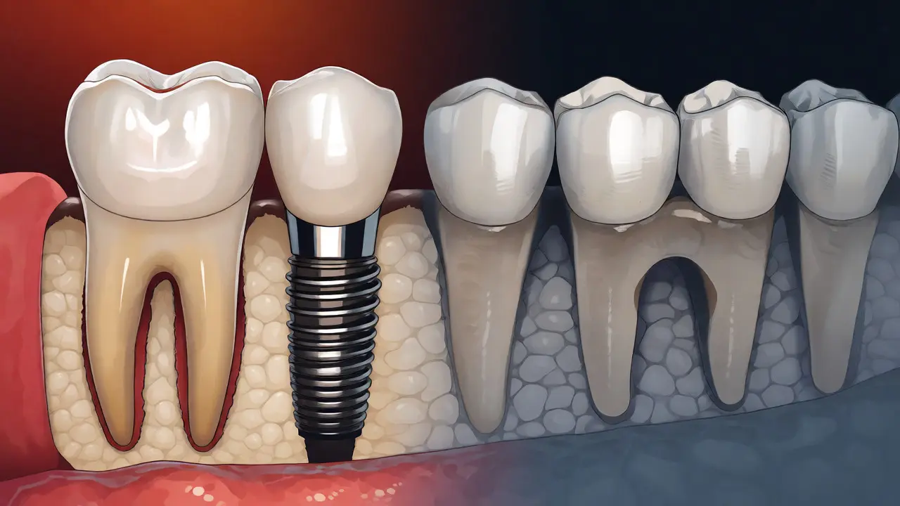 Porovnání zdravého zubu s implantátem a opotřebovaného můstku