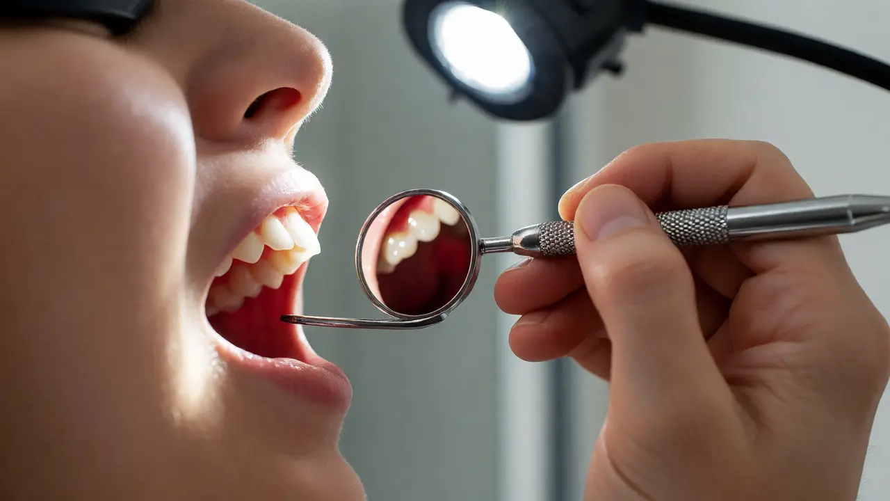 Ruka používá dentální zrcátko k domácí kontrole dásní a zubů pod světlem lampy