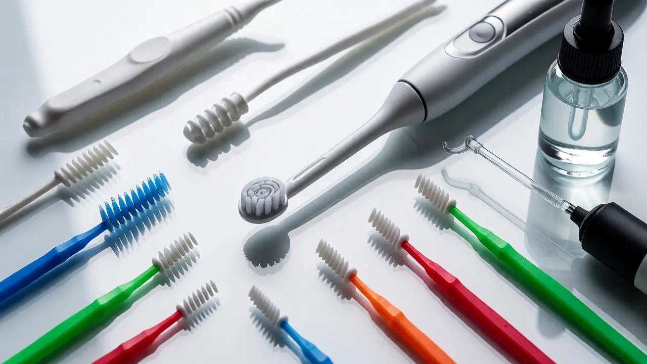 Sada nástrojů pro ústní hygienu: elektrický kartáček, mezizubní kartáčky a irigátor.