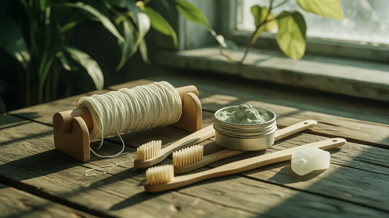 Sada přírodních produktů pro ústní hygienu: bambusové kartáčky a hedvábné nitě