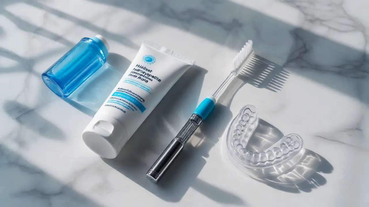 Sada pro péči o zuby po ortodonci: gel, mezizubní kartáček a retainer