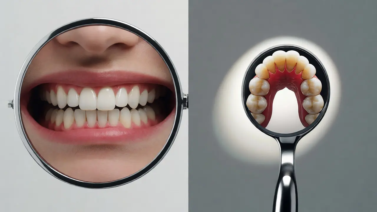 Srovnání běžného zrcadla a dentálního zrcátka pro kontrolu zubů