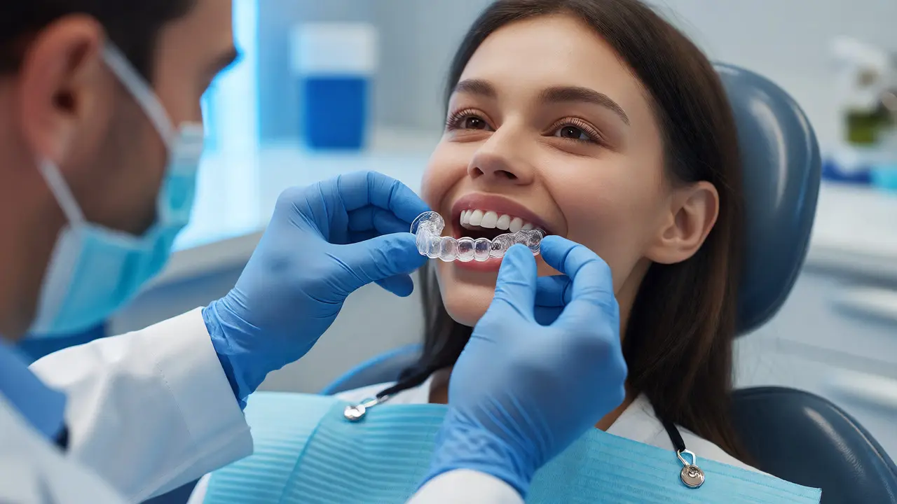 Zubní lékař ukazuje průhledné rovnátko Invisalign
